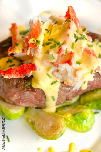Sous Vide Filet Mignon Oscar with Hollandaise Sauce and Brussel Sprouts