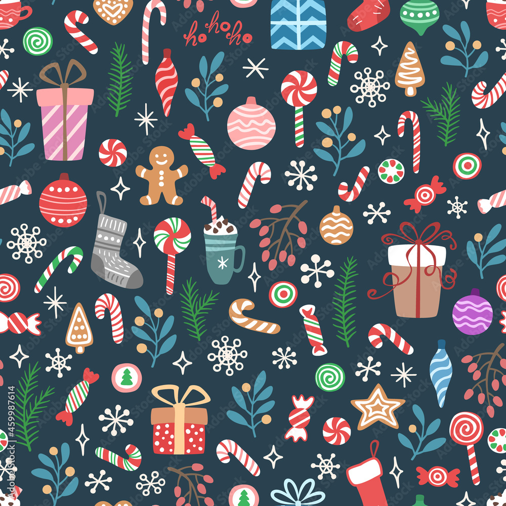 Vector seamless pattern with candies, gift boxes, branches, balls, snowflakes. Cute design for Christmas wrappings, textile, wallpaper and backgrounds. Vector seamless pattern with candies, gift boxes, branches, balls, snowflakes. Cute design for Christmas wrappings, textile, wallpaper and backgrounds.