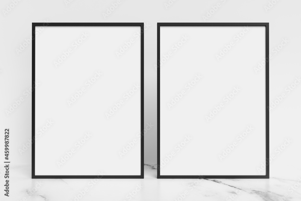 Vertical frame on marble table for mockup. A4, A3 format. 3d rendering. Vertical frame on marble table for mockup. A4, A3 format. 3d rendering.