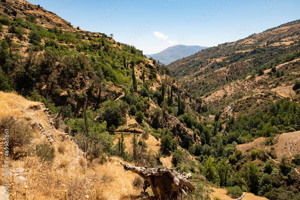 Scenic view of the beautiful Poqueira Valley from a hiking trail underneath Capileira village, Las Alpujarras, Sierra Nevada National Park, Andalusia, Spain