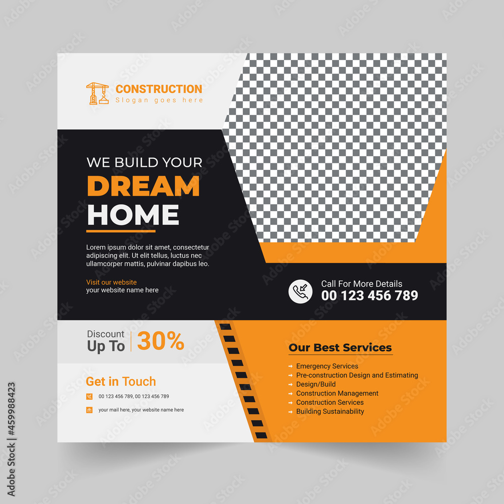 Fototapeta premium Construction Agency We Build Your Dream Home Banner or Real Estate Instagram Post or Banner Template Premium Vector