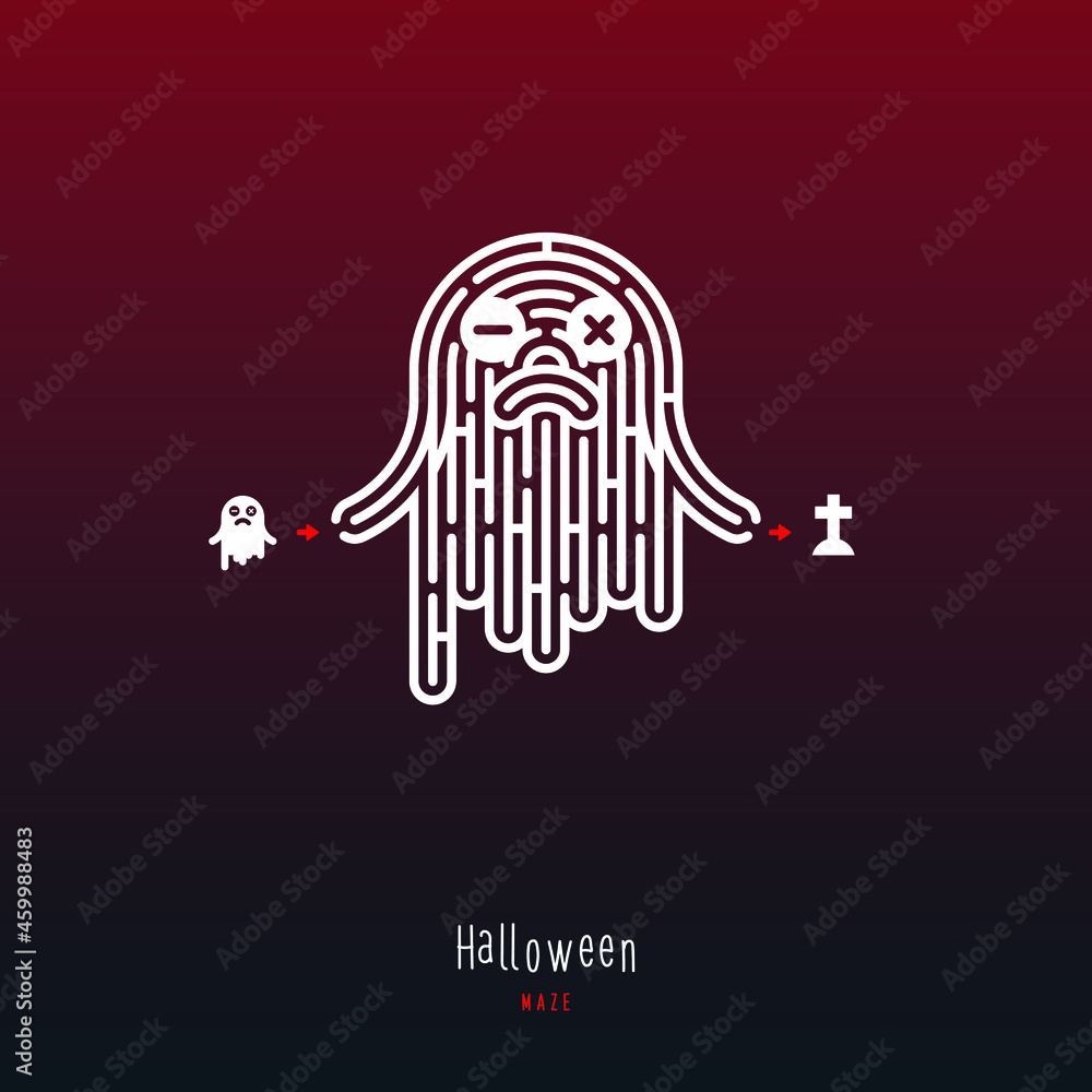 Abstract maze ghost. Game for children and parents. Puzzle for kids. Labyrinth conundrum. Flat vector illustration isolated on dark red background. One Entrance, One Exit. Cartoon style. Abstract maze ghost. Game for children and parents. Puzzle for kids. Labyrinth conundrum. Flat vector illustration isolated on dark red background. One Entrance, One Exit. Cartoon style.