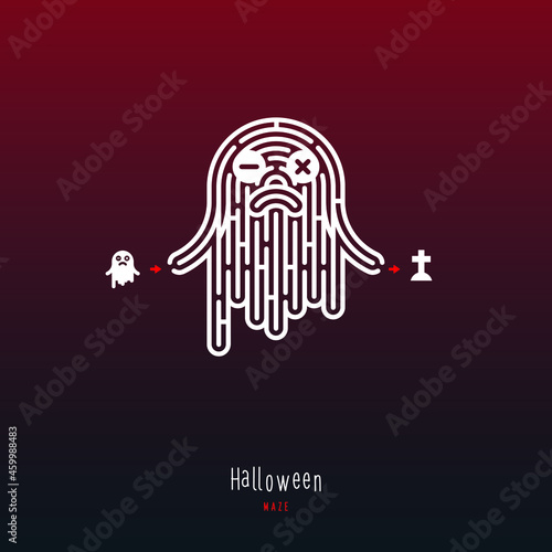 Abstract maze ghost. Game for children and parents. Puzzle for kids. Labyrinth conundrum. Flat vector illustration isolated on dark red background. One Entrance, One Exit. Cartoon style.