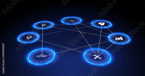 Internet of things (IoT) and networking concept for connected devices. Spider web of network connections with on a futuristic blue background. Digital design concept. IoT hologram