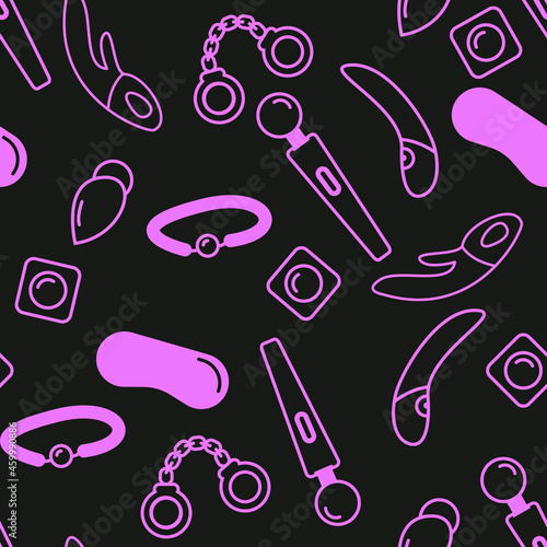 Seamless black and pink sex toys outline pattern vector