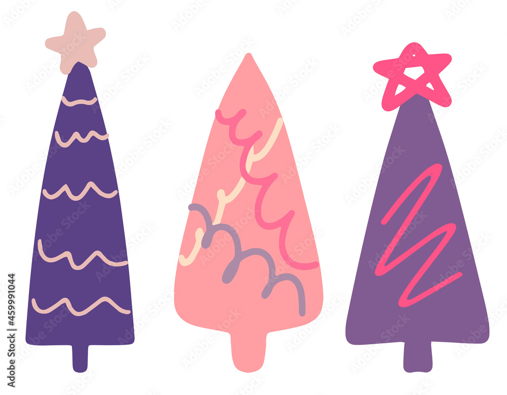 Collection of Christmas trees and fir trees, modern flat design. A set of unusual colored Christmas trees. Pink, lilac, beige. For printed products - leaflets, posters, business cards or for the web. Collection of Christmas trees and fir trees, modern flat design. A set of unusual colored Christmas trees. Pink, lilac, beige. For printed products - leaflets, posters, business cards or for the web.