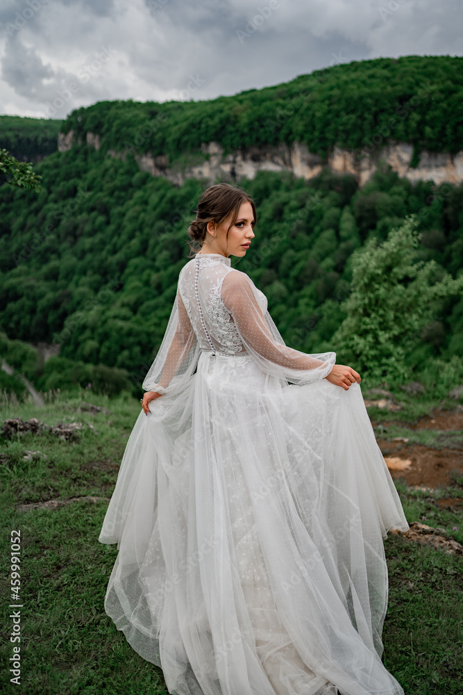 bride in a wedding dress posing in mountains. view from back. bride in a wedding dress posing in mountains. view from back.