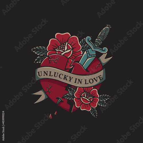 unlucky in love and dagger with broken heart traditional tattoo style