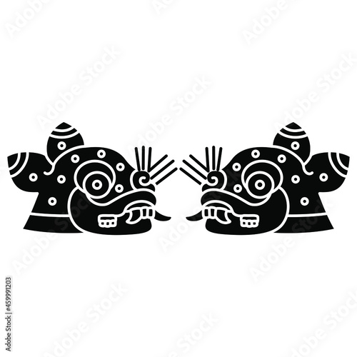 Symmetrical design with two stylized jaguar heads. Native American art of Aztec Indians from Mexican codex. Black and white negative silhouette.