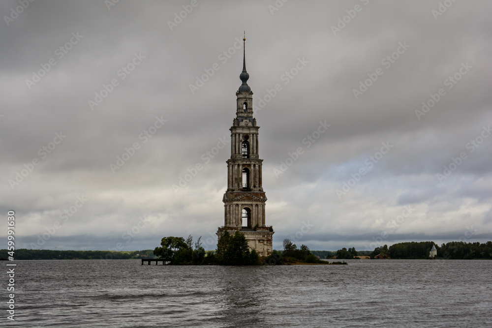 Kalyazin Bell Tower. Bell tower of the flooded St. Nicholas Cathedral. cloudy evening Kalyazin Bell Tower. Bell tower of the flooded St. Nicholas Cathedral. cloudy evening