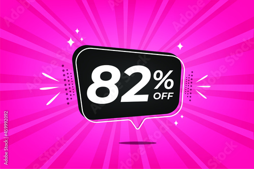 82 percent discount. Pink banner with floating balloon for promotions and offers.