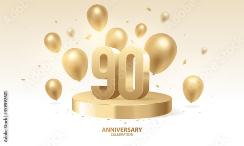 90th Anniversary celebration background. 3D Golden numbers on round podium with confetti and balloons. photo