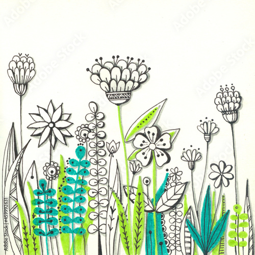 Flowers and herbs in summer. Hand drawn image with cute cartoon blooming mead...