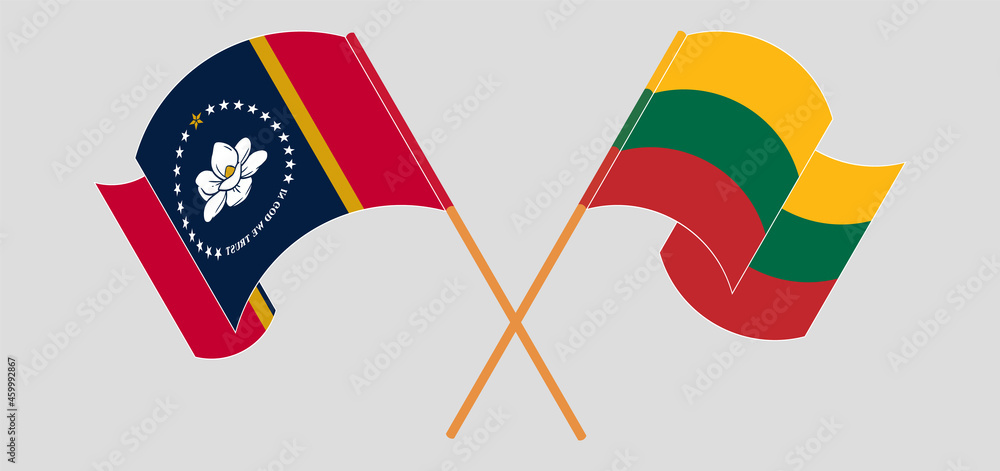 Crossed and waving flags of The State of Mississippi and Lithuania