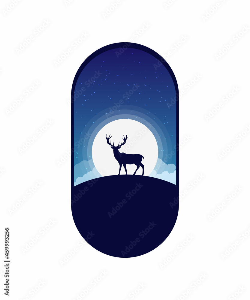 Fototapeta premium Male deer standing on a hill with full moon behind vector illustration