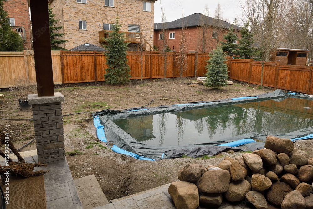 Foto de Newly installed pool with cover in Spring with back yard