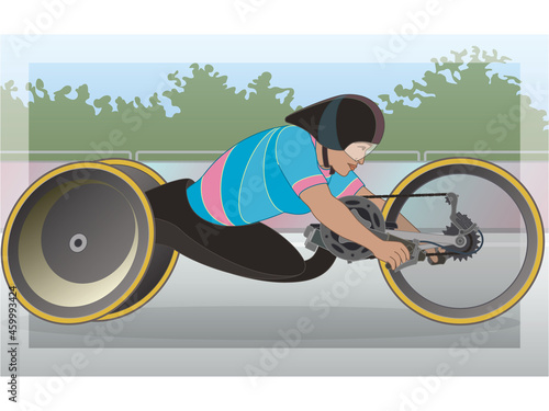 para sports paralympic handcycling H5, physical disabled female athlete amputee cyclist, with outdoor background