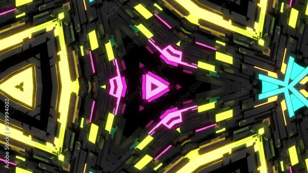 Dark neon kaleidoscope. 4k dark looped background with abstract symmetrical pattern of geometric 3d neon light. Science fiction cyberpunk bg for festivals or concerts, music videos, VJ loop night club Dark neon kaleidoscope. 4k dark looped background with abstract symmetrical pattern of geometric 3d neon light. Science fiction cyberpunk bg for festivals or concerts, music videos, VJ loop night club