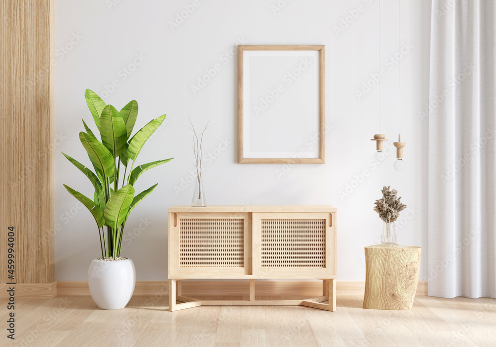 Wood sideboard in living room with frame mockup, 3D rendering