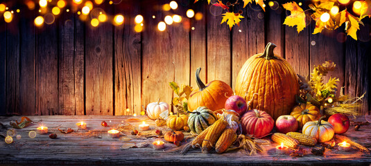 Thanksgiving Celebration - Pumpkins On Rustic Table With Corncobs And Apples With Ears Wheat