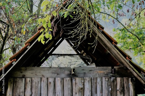 Spitzdach aus Ziegeln von leerstehenden Holzschuppen in der Landschaft photo