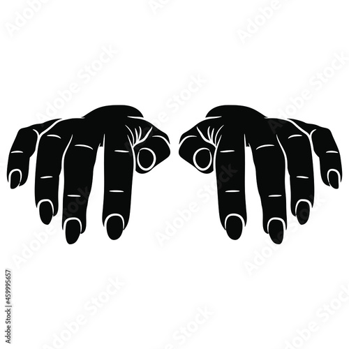 Front view of two female hands with bent fingers. Manicure template. Typing gesture. Black and white negative silhouette. Cartoon style.