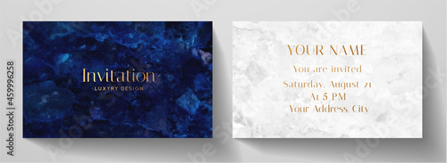 Invitation card with luxury marble texture in blue, white color. Formal premium background template for invite design, prestigious Gift card, voucher or luxe name card