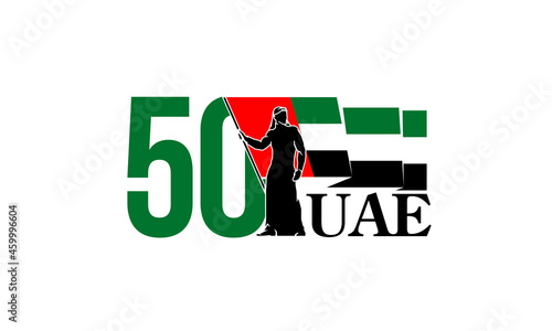 50 UAE national day, Spirit of the union. logo with the silhouette of arab sheikh and UAE flag illustration. Banner of the 50 years Anniversary National day of the United Arab Emirates 2 December 2021