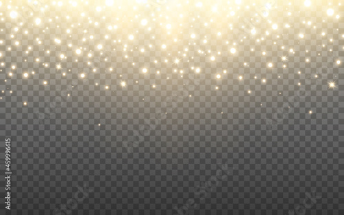 Glowing glitter isolated on transparent backdrop. Gold shining particles with stars. Christmas poster template. Gold glitter effect for greeting card. Vector illustration