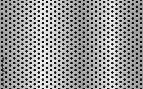 Perforated metal. Silver steel plate. Shining metal sheet. Industrial texture. Realistic metallic backdrop. Bright chrome effect. Vector illustration