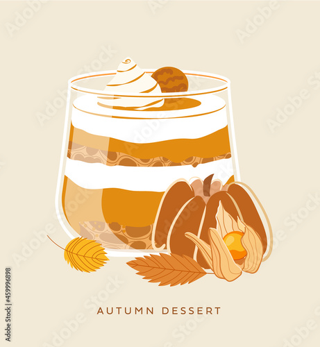 Pumpkin seasonal mousse dessert with pumpkin, physalis and autumn leaves on beige background. Modern colorful vector illustration. Autumn color.