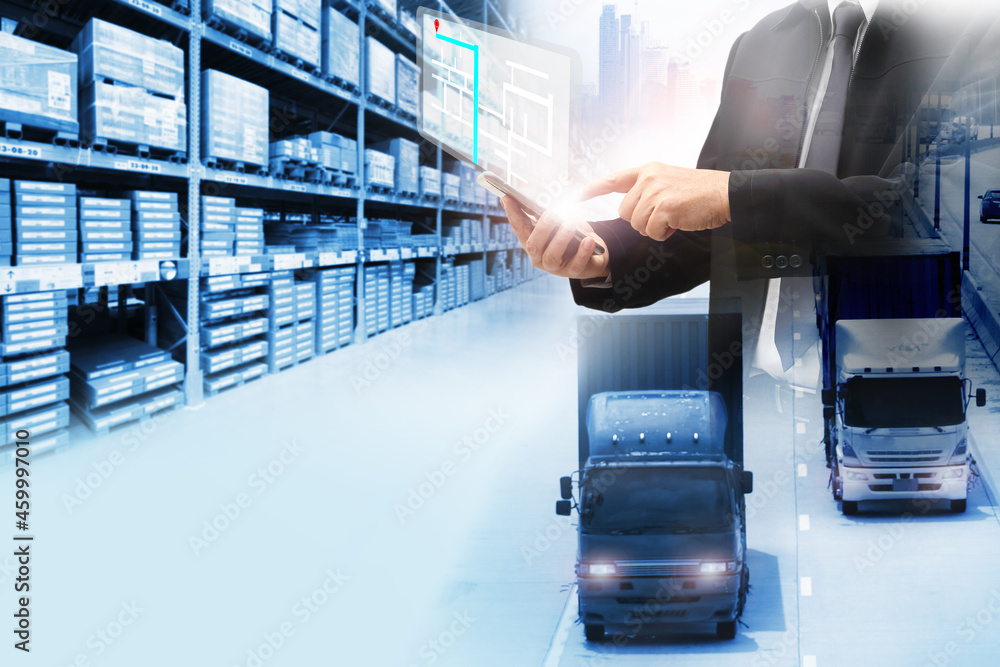 Double exposure of business checking GPS delivery industry and logistics concept container truck and freight cargo plane in transport and import-export commercial logistic