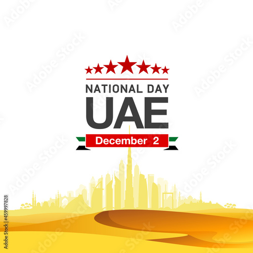 50 UAE National day flat paper style banner with UAE flag. Holiday card for 2 december 1971 - 2021, 50 National day United Arab Emirates Spirit of the union. Design with Dubai and Abu Dhabi silhouette