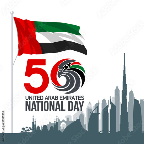 50 UAE National day flat paper style banner with UAE flag. Holiday card for 2 december 1971 - 2021, 50 National day United Arab Emirates Spirit of the union. Design with Dubai and Abu Dhabi silhouette