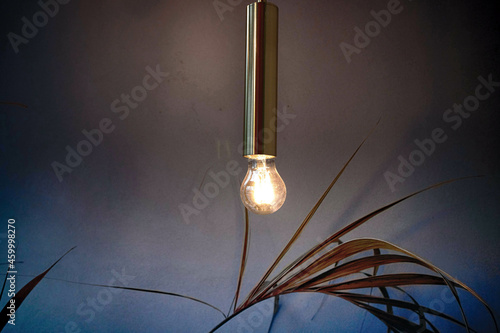 Electric lamp hanging on a wire in the room.