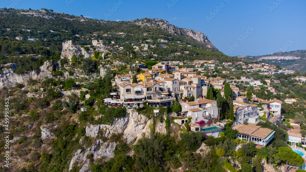 Aerial view of Eze Village, a famous stone village built on a rocky overlook high above the Mediterranean Sea on the French Riviera, in the South of France