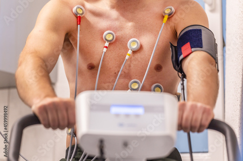 Close-up of electrodes on a man while an exercise ECG photo