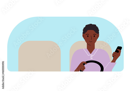 Illustration of a man with one hand controls a car and a mobile phone in the other hand