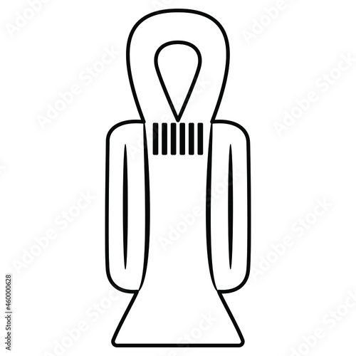Ancient Egyptian sacred symbol Tyet. Knot of Isis or girdle of Isis. Ankh amulet. Egyptian cross. Stylized human figure. Black and white linear silhouette.