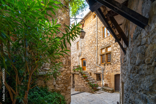 A narrow cobbled road and a covered walkway in the medieval walled city of Tourrettes Sur Loup  France.