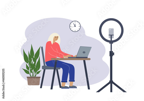 Illustration of a female blogger at the table with a laptop. Online filming of a training course or blog