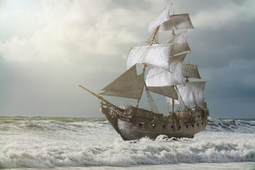 Plexiglas schilderij Schip Vintage zeilschip op open water  © de Art