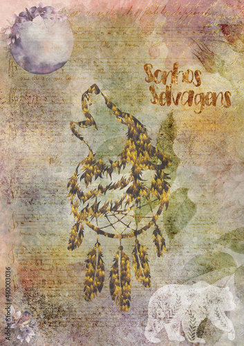 Illustration with lettering text sonhos selvagens phrase in Portuguese. Concept of wild life and dreams. Texture background with a dream catcher wolf for design  print or background. 