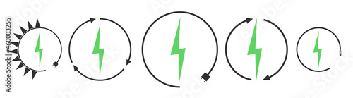 Electric car charging and renewable energy icons, graphic design template, lightning bolt, vector illustration