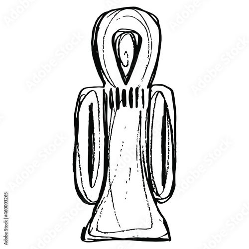 Ancient Egyptian sacred symbol Tyet. Knot of Isis or girdle of Isis. Ankh amulet. Egyptian cross. Stylized human figure. Hand drawn linear doodle rough sketch. Black silhouette on white background.