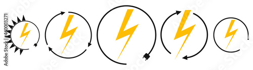 Electric car charging and renewable energy icons, graphic design template, lightning bolt, vector illustration
