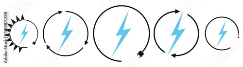 Electric car charging and renewable energy icons, graphic design template, lightning bolt, vector illustration