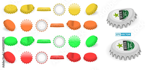 set of realistic crown bottle caps aluminium isolated or beer lemonade bottle cap metallic lid or glassware alcohol bottle of drink. eps vector