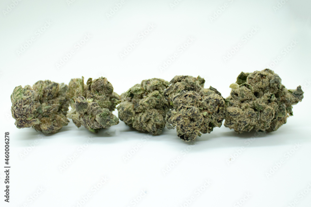 Cluster of Golden Goat and Blue Dream cannabis flower on a white background. Cluster of Golden Goat and Blue Dream cannabis flower on a white background.