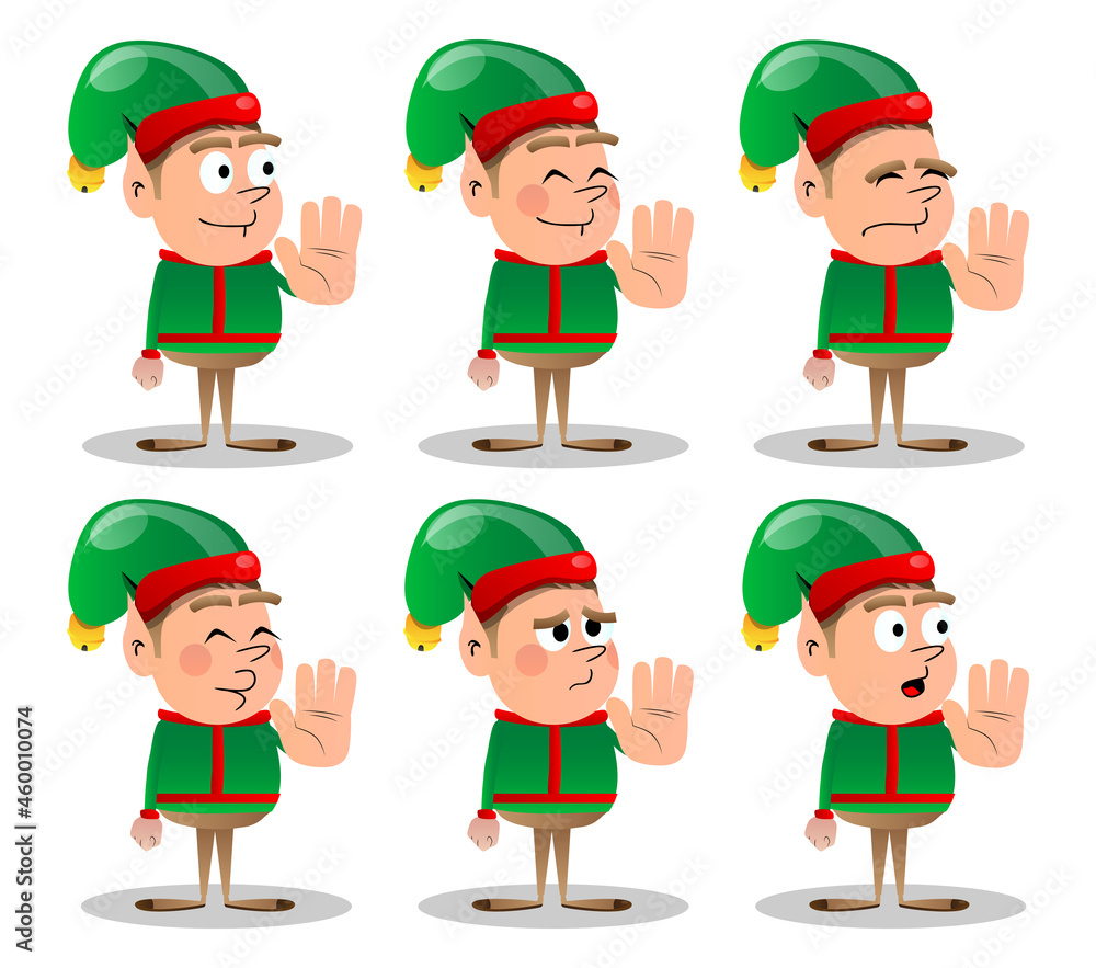 Christmas Elf showing deny or refuse hand gesture. Vector cartoon character illustration of Santa Claus's little worker, helper. Christmas Elf showing deny or refuse hand gesture. Vector cartoon character illustration of Santa Claus's little worker, helper.